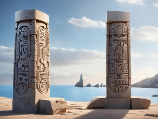 "Data Glyph Monolith: Stone Pillar Carved with Hieroglyphic-Like Symbols, a Timeless Repository of Data, Bridging Ancient Carving Techniques with Futuristic Symbolism"