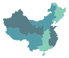 China map. Map of China in eight main regions in multicolor