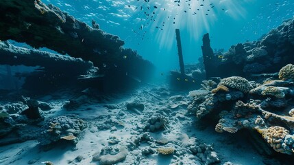 Obraz premium Ecological Crisis, coral reef, collapsed structures, ocean, marine life