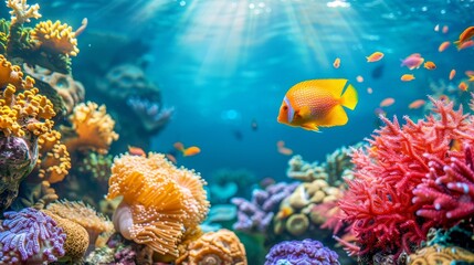 Fototapeta na wymiar Flame angelfish among vibrant corals in saltwater aquarium, creating a captivating underwater scene.