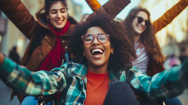 Inclusive Friendship, joyful, girl, wheelchair, happy - Powered by Adobe