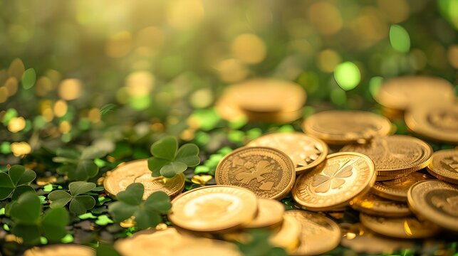 Festive Decoration, closeup, gold coins, shamrocks, St. Patrick's Day