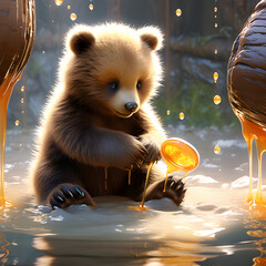 A playful bear cub clumsily batting at a honey pot. Generative AI.