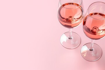 Overhead shot of two glasses of rose wine on a soft pink backdrop, an ideal choice for festive occasions such as New Year’s Eve, birthdays, or simply a relaxing evening