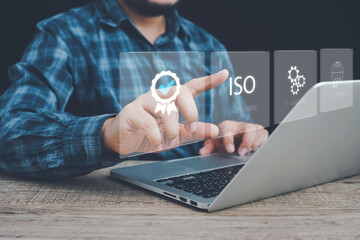ISO standards quality control, Customer Satisfaction Guarantee concept on virtual screens,...