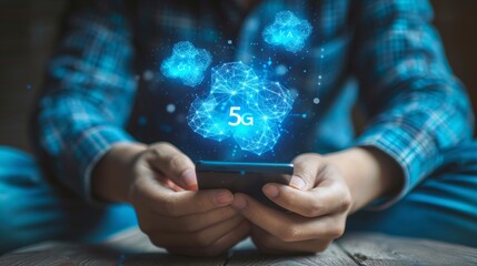Holographic 5g icon shining on mobile phone with copy space   futuristic concept