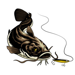 Illustration of Catfish Swimming Catching the Fishing Lure