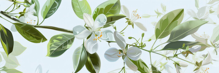 white flowers and leaves on a branch, generative AI