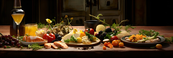 Obraz na płótnie Canvas Artistic Food Presentation on Rustic Wood table : Elegancy of Gourmet Gastronomy