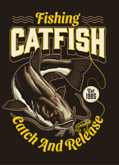 Vintage Colorful T-Shirt of Catfish Fishing - obrazy, fototapety, plakaty