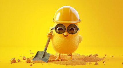 Cute cool chick manual worker digger with helmet and spade funny conceptual image. Generative Ai - obrazy, fototapety, plakaty