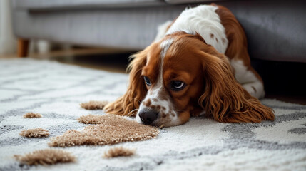 Cute dog near wet spot on carpet. Generative Ai