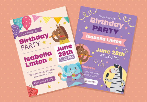 Purple Pink Cute Animal Kids Birthday Invitation Card Template