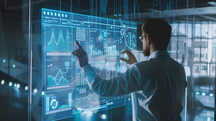 An image of a business analyst interacting with a futuristic holographic display showing real-time business performance metrics and AI-generated insights.