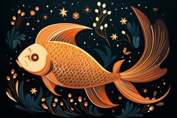 Golden pisces zodiac sign shining on black background in vector style illustration