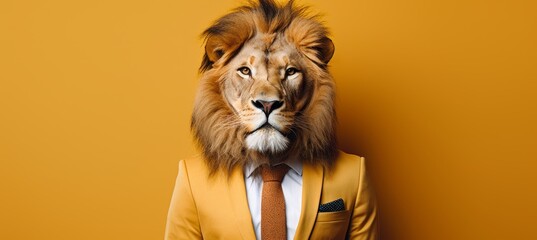Friendly lion in business suit pretending to work in corporate setting, studio shot with copy space - obrazy, fototapety, plakaty