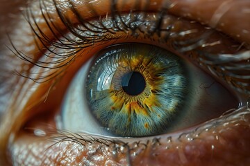 A Close Up Of A Person 's Blue Eye With A Yellow Pupil - obrazy, fototapety, plakaty