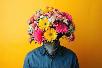 A Man In A Suit Has A Bouquet Of Flowers In Front Of His Head