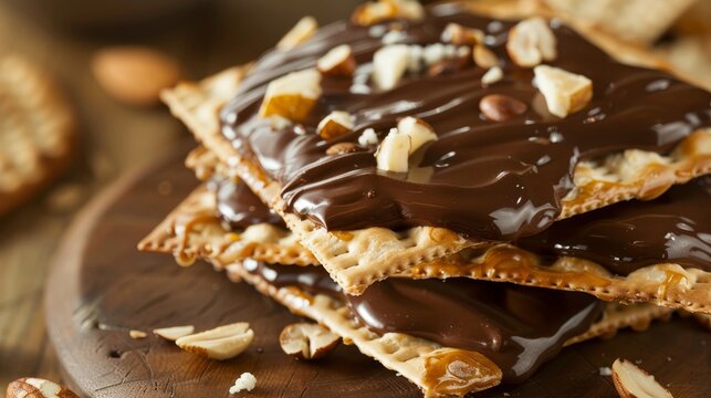 Close up of indulgent passover matzah covered in chocolate and nuts for gourmet twist