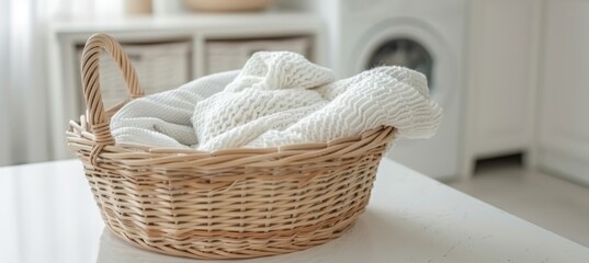 Laundry basket with copy space on modern washing machine background, great for text placement.
