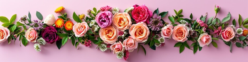 A Row Of Colorful Flowers And Leaves On A Pink Background