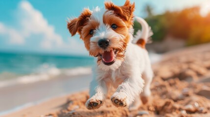 Energetic dog running freely on sandy beach with ample copy space for text placement