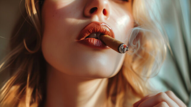 Portrait einer blonden Frau, die selbstbewusst eine Zigarre raucht.