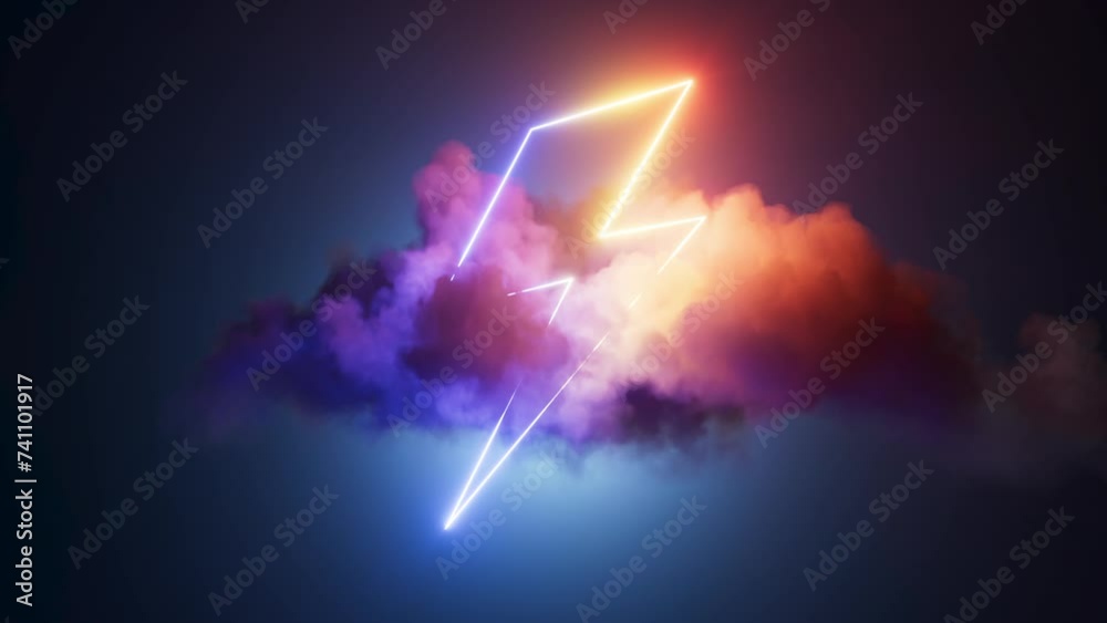 Sticker cycled 3d animation, abstract neon background. glowing linear lightning symbol inside the spinning c