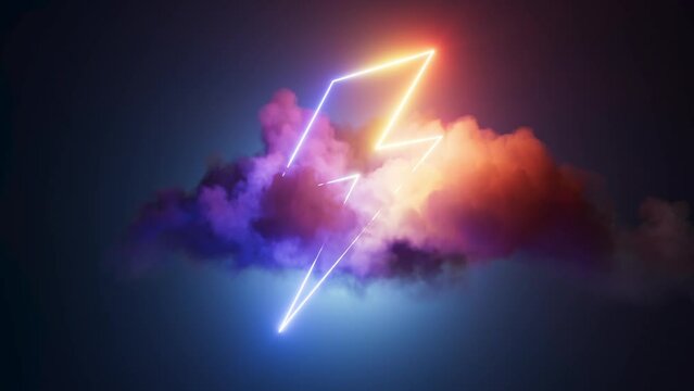 cycled 3d animation, abstract neon background. Glowing linear lightning symbol inside the spinning colorful cloud. Fantastic minimalist wallpaper