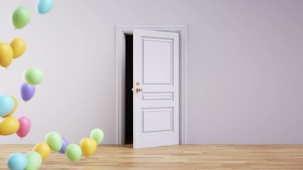 Abstract party background. Door opens and colorful balloons fly out to the left. 3d animated festive wallpaper - Powered by Adobe