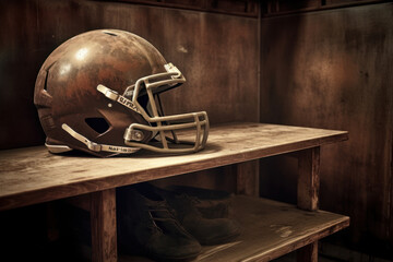 Football helmet on shelf in locker room generative AI Illustration - obrazy, fototapety, plakaty
