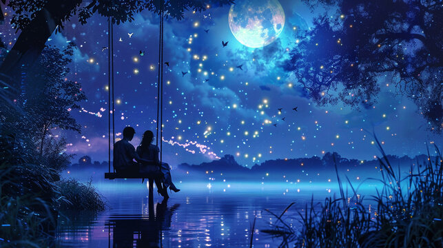 A tender moment between lovers as they sit together on a swing overlooking a tranquil lake, with fireflies dancing in the air and the moon casting a soft glow over the landscape, c