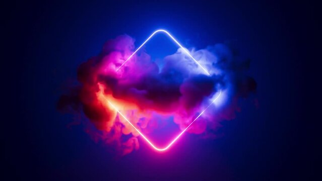 looping 3d animation, abstract neon geometric background. Glowing rhombus frame inside the flowing smoky cloud. Futuristic minimalist animated wallpaper