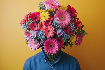 A Man In A Suit Has A Bouquet Of Flowers In Front Of His Head