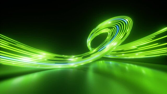 Abstract green neon background. Light pulses stream along the curvy lines leaving glowing trails. Looped 3d motion. Virtual network connections