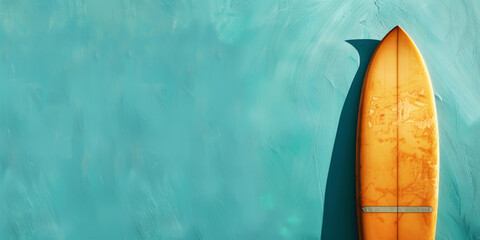 Teal banner with a surfboard on the side with space for copy space.