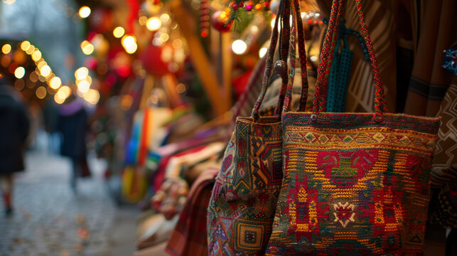 In a festive holiday market, a closeup view of two shopping bags.