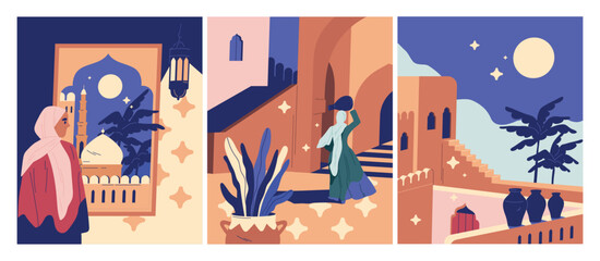 Oriental design of three vector illustrations, with a woman wearing headscarf on the background of a mosque, girl in traditional clothes and traditional Arabian dwelling on the background of the moon