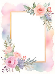Flower frame with pastel colors. frame for cards, posters, banners, wedding, birthday. roses with leaves, colorful watercolor background. 