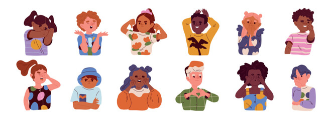 Childrens emotion expression bundle set isolated on white. Various characters, diversity, multi-ethnic group of cute kids. Hand drawn flat cartoon vector illustration