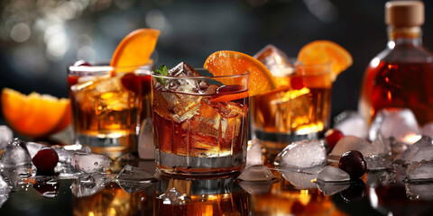 Fototapeta na wymiar orange and whisky based old fashion style cocktails on comertial photo
