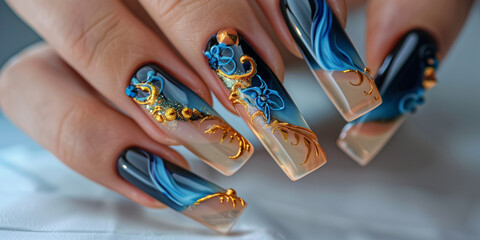 gold and blue trending french based nail art one hand, beautiful perfect long nails manicure photography