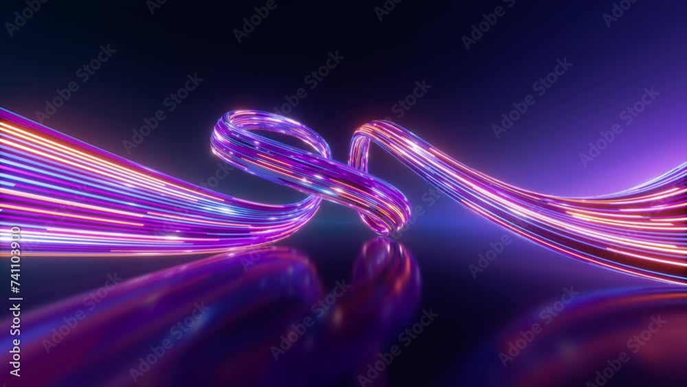 Wall mural looped 3d animation. light pulses glide along curved neon lines. abstract animated background of mul