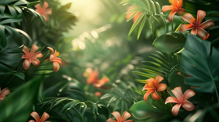 Deurstickers Nestled within the lush greenery, a colorful array of tropical plumeria flowers blooms vibrantly, radiating the essence of a flourishing paradise teeming with life and vitality. © NaphakStudio