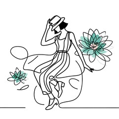 Minimalist drawing of a young woman dancing jazz, wearing a hat.