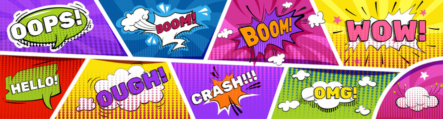 Set of Colorful vector designs featuring pop art comic book speech bubbles and sound effects. Vintage strip layout mockup with funny cartoon explosion clouds and talk phrases in text boxes - obrazy, fototapety, plakaty