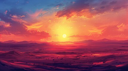 Digital painting of a breathtaking sunset with vivid colors over a serene desert landscape. Golden hour over a vast desert.