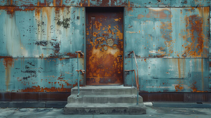 Concrete steps lead to a rusty metal door set within a corroded blue steel wall, evoking a sense of abandonment.