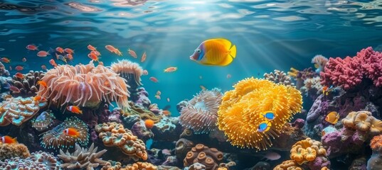 Naklejka na ściany i meble Chromis fish swimming among colorful corals in a mesmerizing saltwater aquarium setting