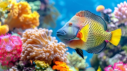 Naklejka na ściany i meble Vibrant triggerfish gliding through colorful corals in saltwater aquarium setting